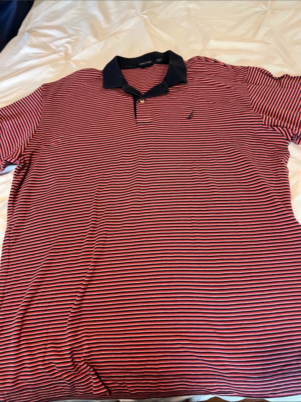 Nautica Red and White Striped Polo with Navy Collar